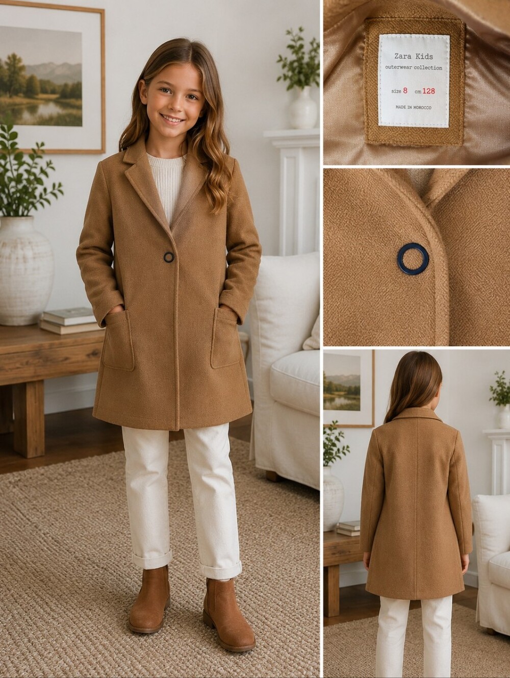 Zara Kids Camel Brown Single-Button Wool Blend Coat